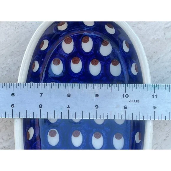Polish Pottery Oval Dish Sm. Casserole 8"x5" Blue Peacock Eye Pattern Handmade - Picture 5 of 9